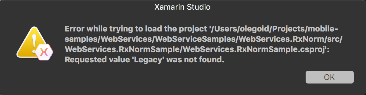 Screenshot of error while trying to load project, requested value legacy not found