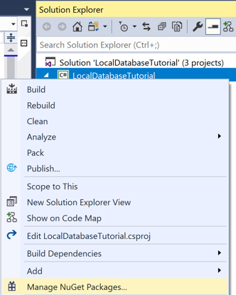 選択されている [NuGet パッケージの管理] メニュー項目のスクリーンショット