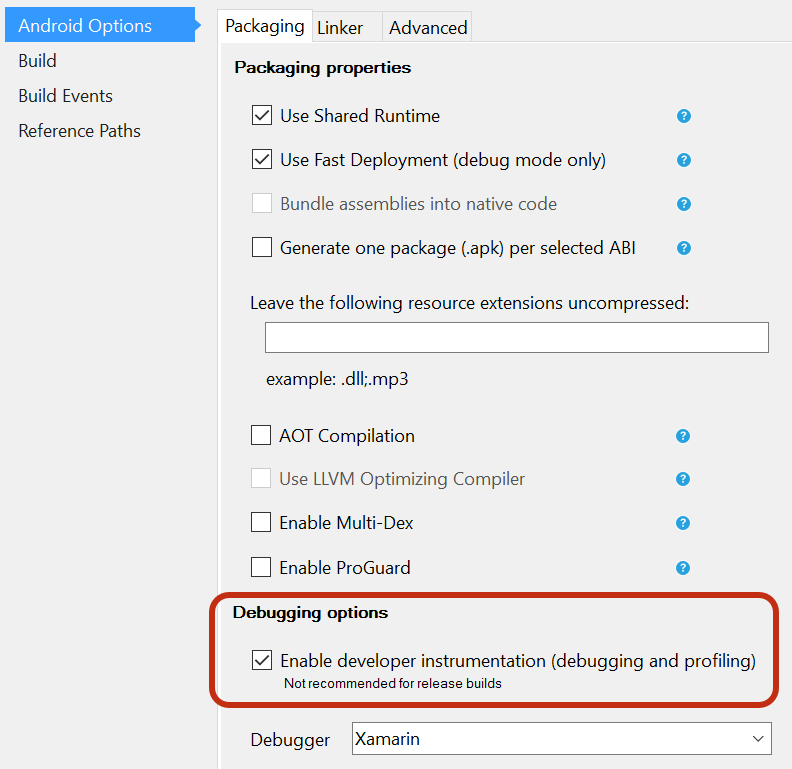 Android Options Dialog in Visual Studio for Mac