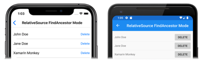 iOS および Android 上の FindAncestor モードの相対バインドのスクリーンショット