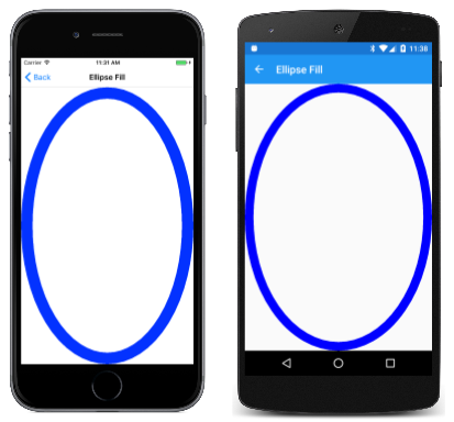 スクリーンショットには、Ellipse Fill アプリが 2 つのモバイルデバイスで動作している様子が示されています。