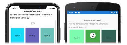 iOS および Android でデータを更新中の RefreshView のスクリーンショット