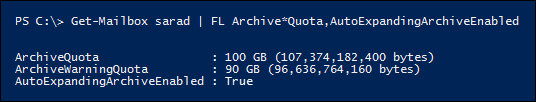 アーカイブの自動拡張を有効にした後、ArchiveQuota プロパティと ArchiveWarningQuota プロパティは無視されます。