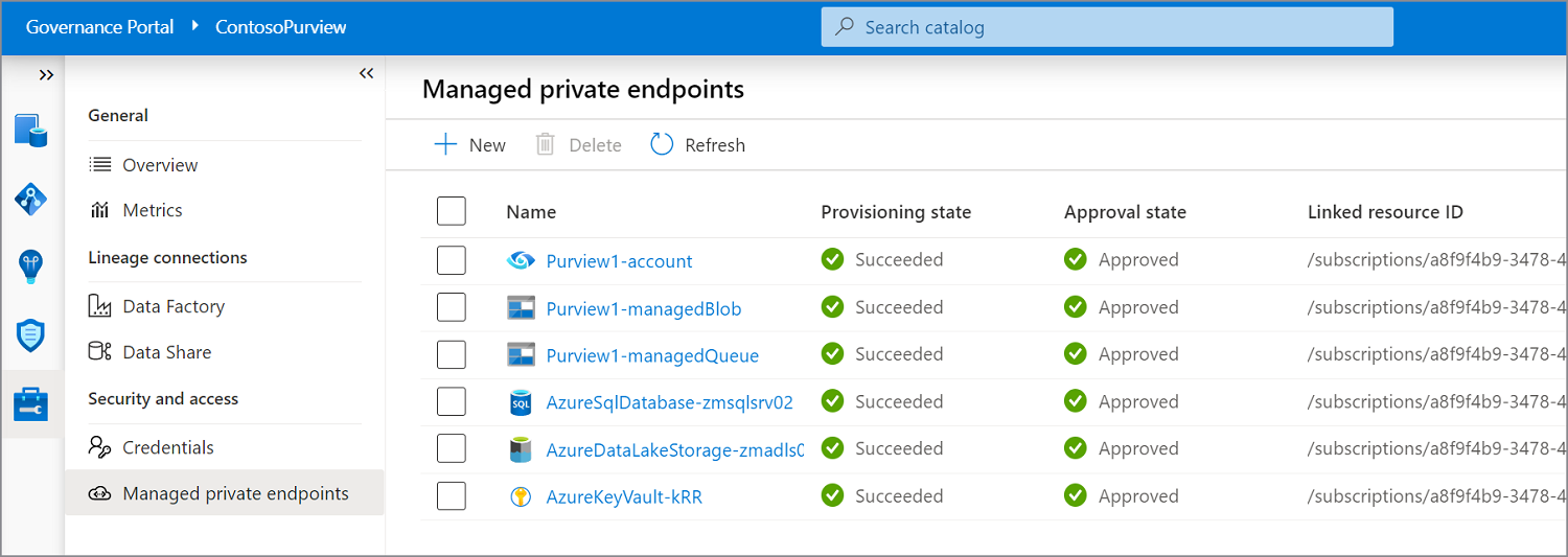 Purview ガバナンス ポータルの Azure Key Vaultを含むマネージド プライベート エンドポイントを示すスクリーンショット