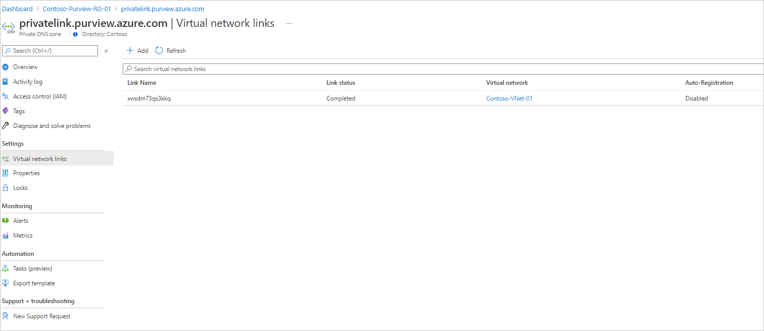 DNS ゾーン上の仮想ネットワーク リンクを示すスクリーンショット。