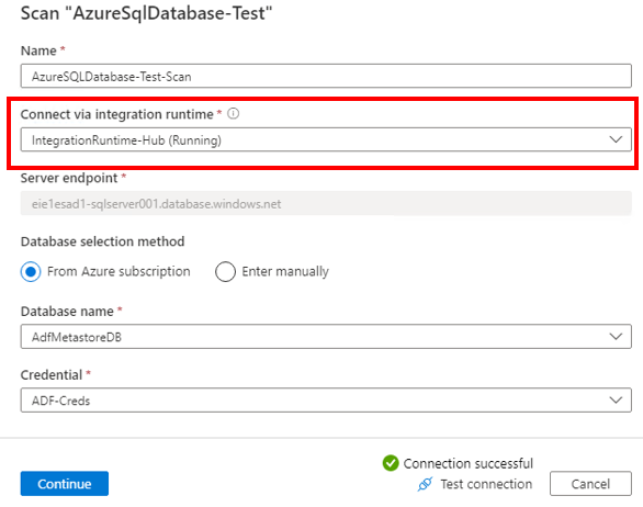 セルフホステッド IR を使用した Azure スキャンの実行を示すスクリーンショット。