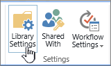 リボンの [SharePoint ライブラリ設定] ボタン。