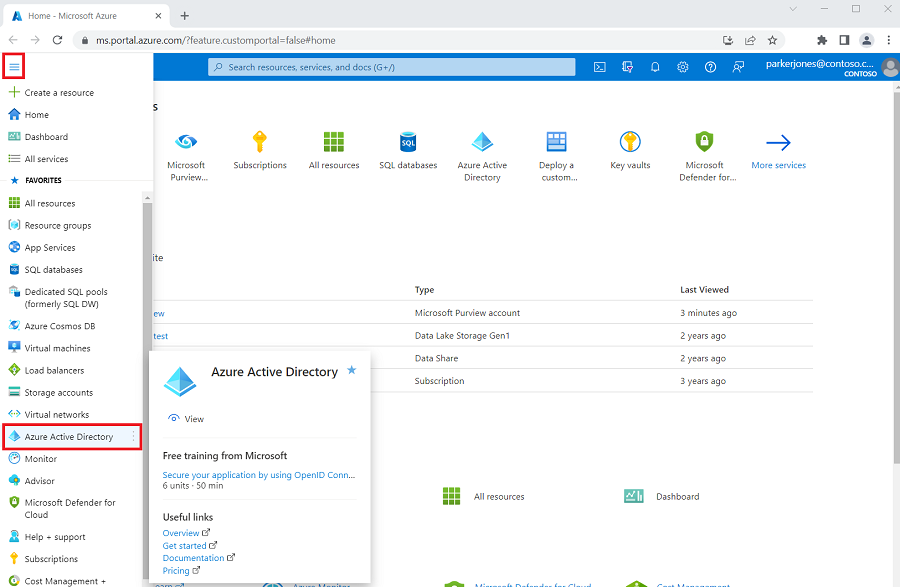 Azure Active Directory へのリンクを示すスクリーンショット。