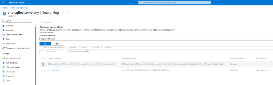 承認プロンプトが表示された [SQL Server プライベート アクセス] タブの [ネットワーク] ページのスクリーンショット。