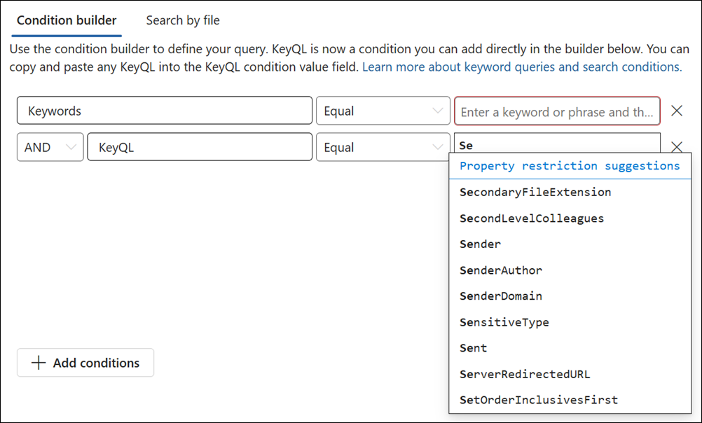 KeyQL エディターでサポートされているプロパティが提案される