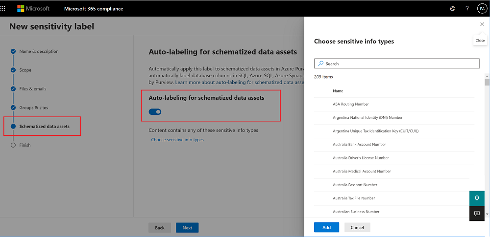 Microsoft Purview コンプライアンス センターでスキーマ化されたデータ資産の自動ラベル付け規則を定義する