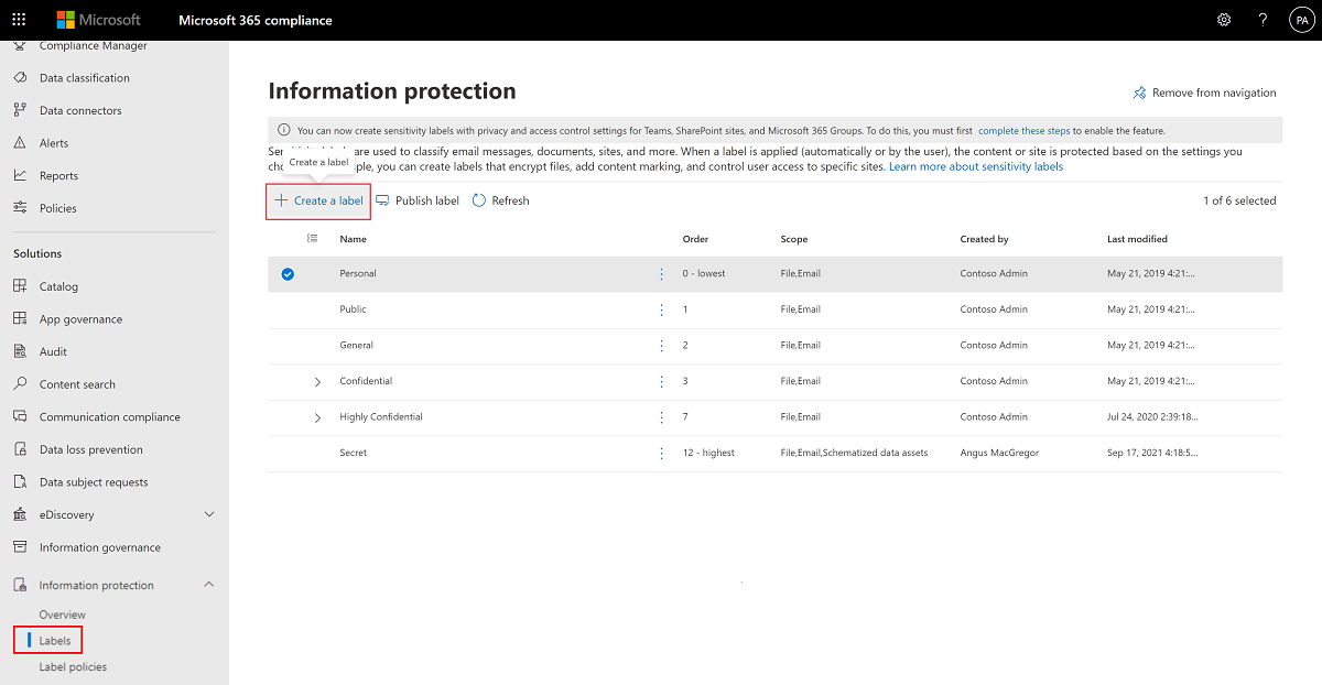 Microsoft Purview コンプライアンス センターで秘密度ラベルを作成する