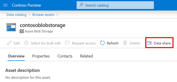 [Data Share] ボタンが強調表示されている Microsoft Purview ガバナンス ポータルのデータ資産のスクリーンショット。