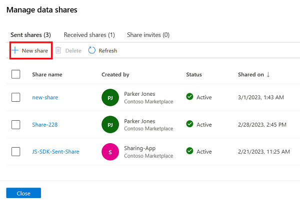 [新しい共有] ボタンが強調表示されているData Share管理ウィンドウのスクリーンショット。