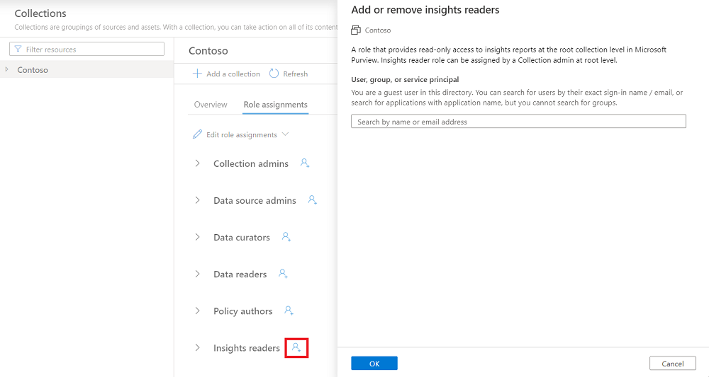 ルート コレクションのスクリーンショット。[ロールの割り当て] タブが表示され、[Insights 閲覧者] の横にある [ユーザーの追加] ボタンが選択されています。