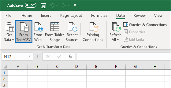 [データ] タブで、[テキスト/CSV から] をクリックします。