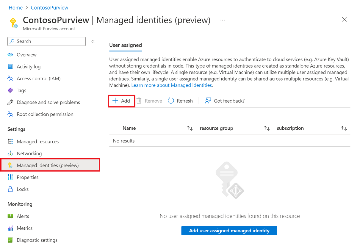 Azure portal でユーザーが割り当てられ、追加が強調表示された管理対象 ID 画面を示すスクリーンショット。