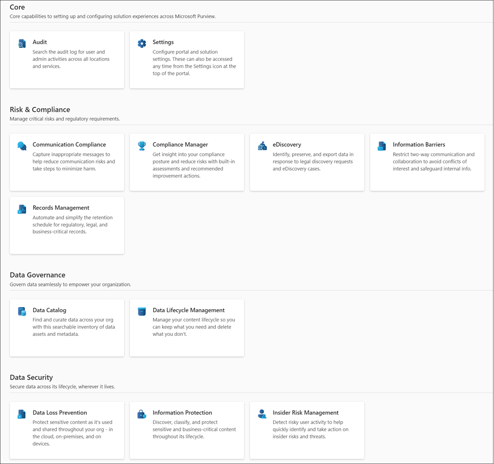 Microsoft Purview ポータル ソリューション ページ。