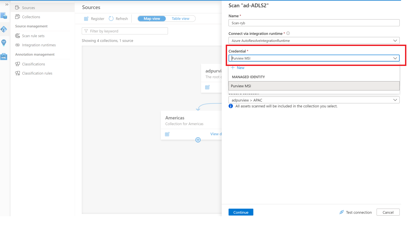 スキャンを実行するマネージド ID オプションを示すスクリーンショット