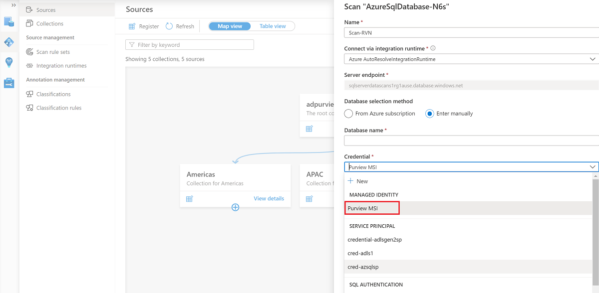 スキャンを実行するためのマネージド ID オプションの資格情報と収集情報を示すスクリーンショット。