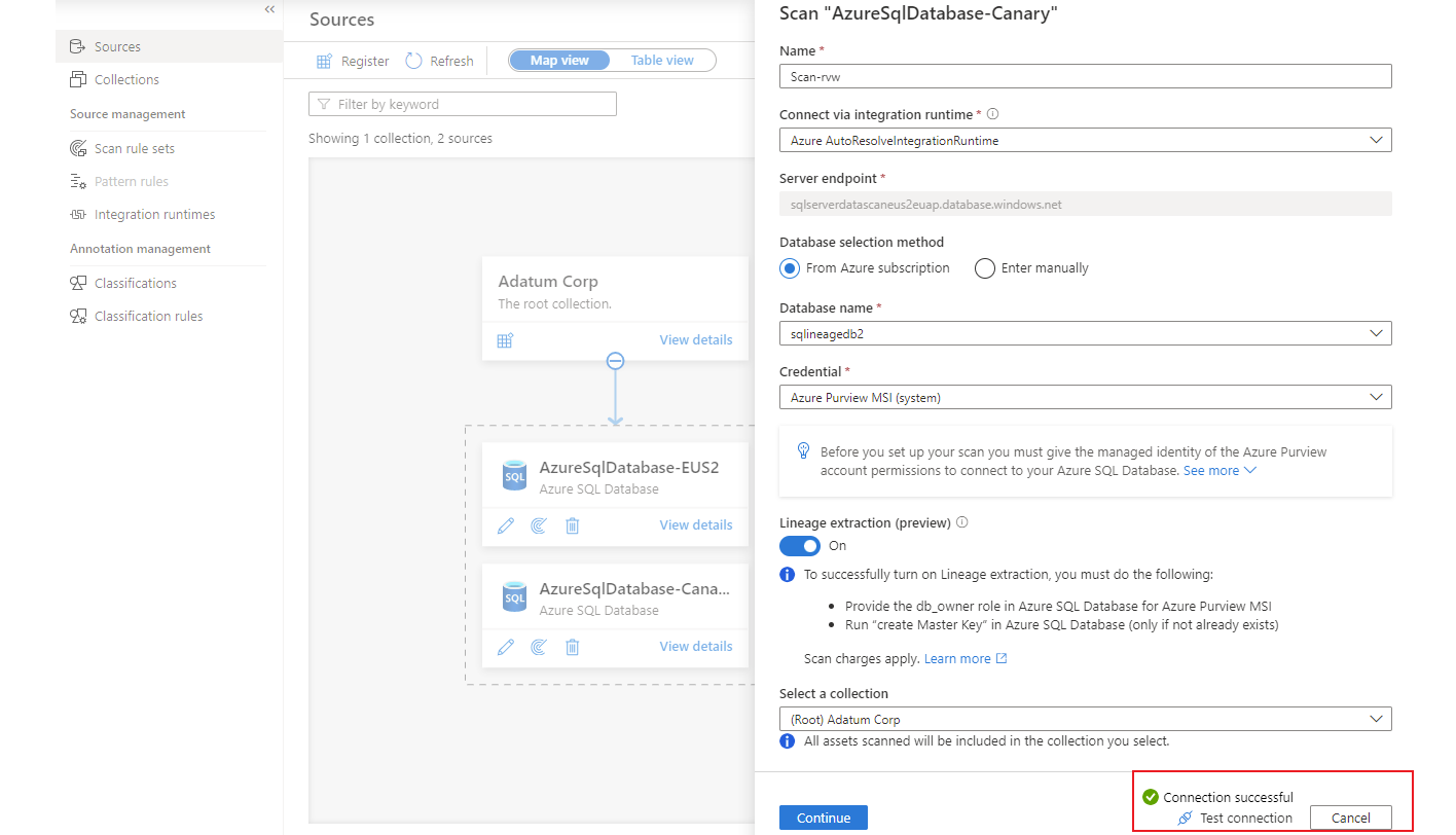 マネージド ID オプションがスキャンを実行するための正常な接続のメッセージを示すスクリーンショット。