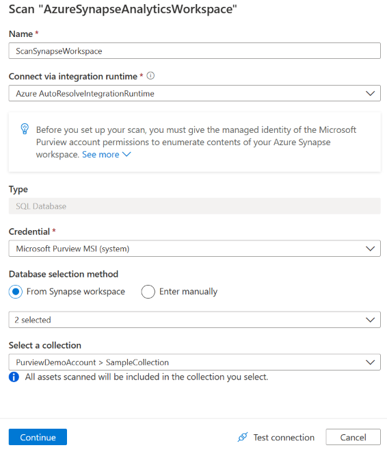 Azure Synapse ソース スキャンの詳細ペインのスクリーンショット。