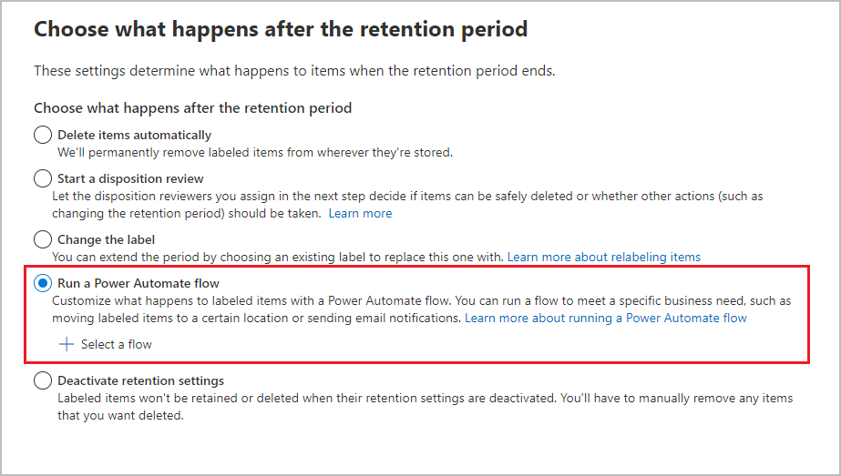 保持期間の有効期限が切れた後に Power Automate フローを実行するように保持ラベルを構成する。