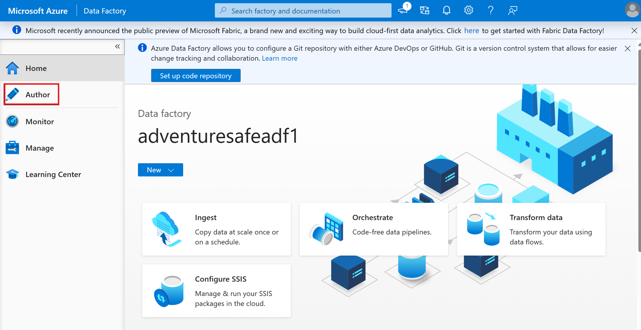 Azure Data Factoryの左側のナビゲーション メニューにある選択した作成者のスクリーンショット。