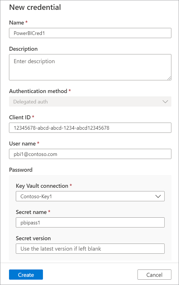 委任された認証を使用した Power BI スキャンのセットアップを示すスクリーンショット。