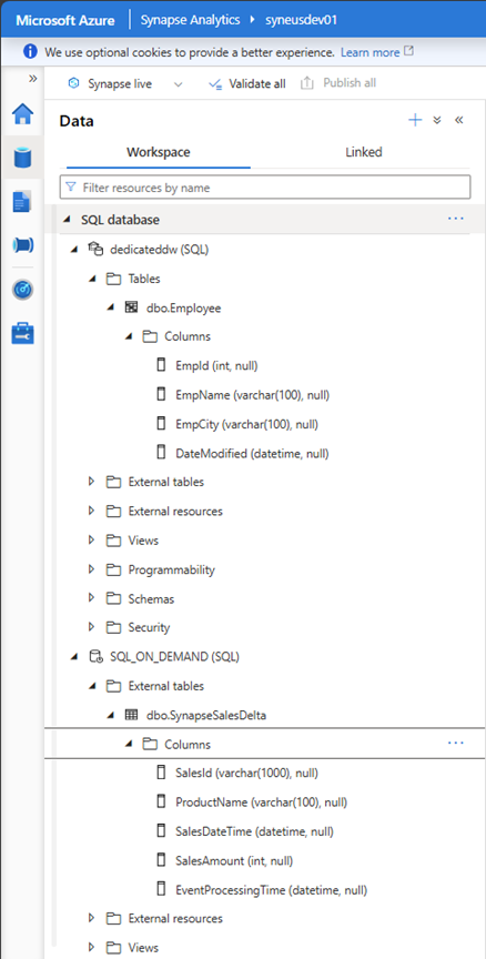 synapse analytics ワークスペースのスクリーンショット。