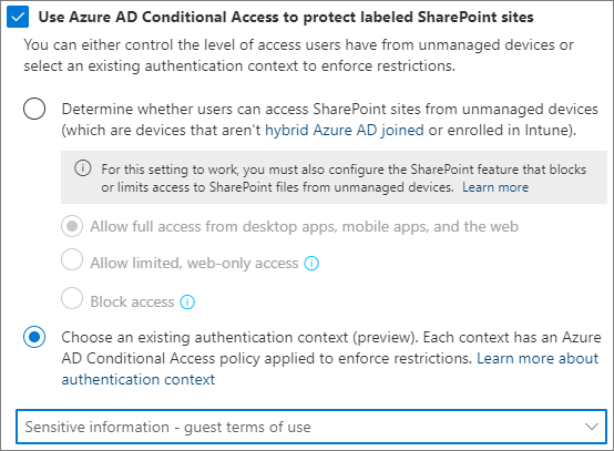 認証コンテキストの秘密度ラベル設定Microsoft Entraスクリーンショット