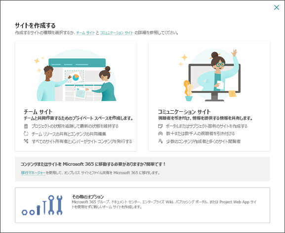 [サイトを作成する] パネル。