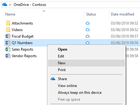 OneDrive の右クリック メニューのスクリーンショット。