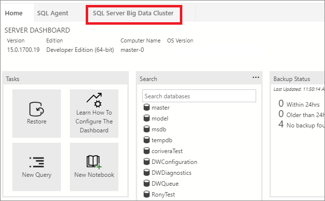 ビッグ データ クラスター ダッシュボードを示す Azure Data Studio のスクリーンショット。