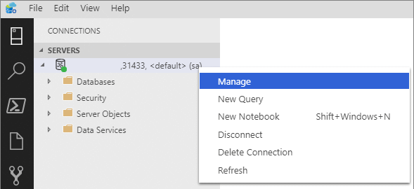 右クリックして管理する場所を示す Azure Data Studio のスクリーンショット。