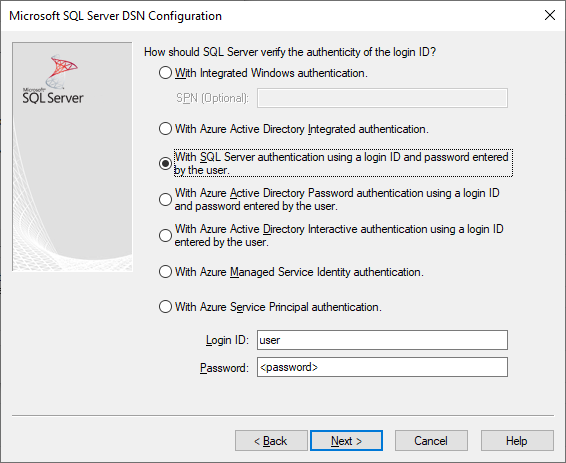 SQL Server 認証が選択された DSN の作成および編集画面。