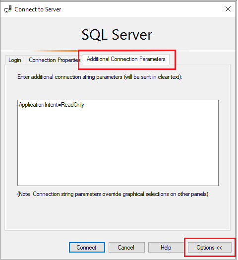 SSMS の読み取り専用接続のスクリーンショット。