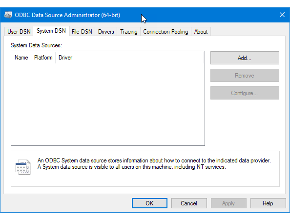 [ODBC データ ソース管理者] システム DSN ウィンドウのスクリーンショット。