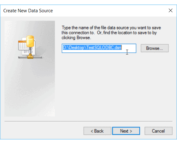 データ ソースに使用する DNS ファイルを示す [ODBC データ ソース管理者] の[データ ソースの新規作成] ウィンドウのスクリーンショット。