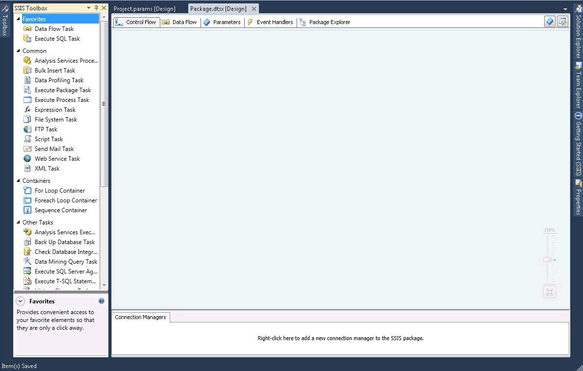 SSIS デザイナーとツールボックスのスクリーンショット