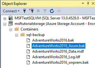 AZURE 上のスナップショット バックアップを示す SSMS のオブジェクト エクスプローラーのスクリーンショット。