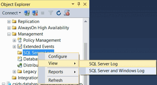 SSMS で SQL Server ログを表示します。