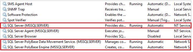 services.msc で PolyBase サービスを停止および開始する