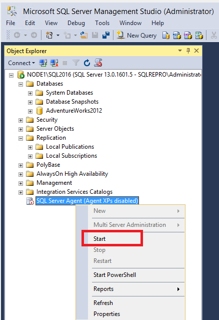 SSMS のエージェントのショートカット メニューで [開始] を選択する