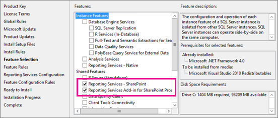 [機能の選択] ページのスクリーンショット。[Reporting Services - SharePoint] オプションと [SharePoint 製品用 Reporting Services アドイン] オプションが選択されています。