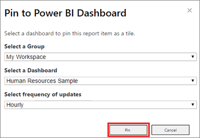 [Power BI ダッシュボードへのピン留め] ダイアログ ボックスのスクリーンショット。