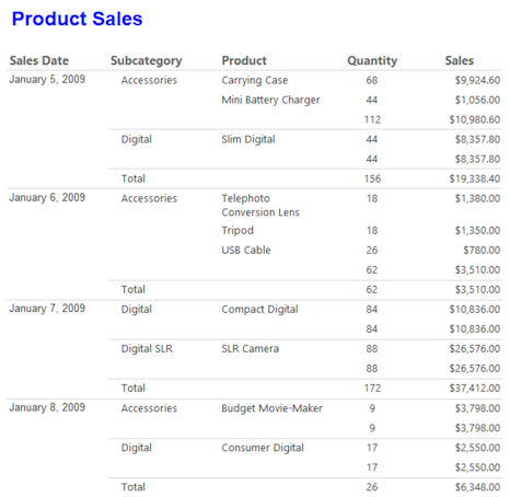 製品の売上データが表示されている、このチュートリアルで準備されたサンプル テーブル レポートのスクリーンショット。