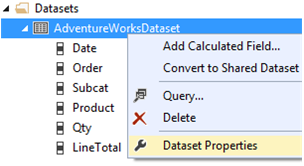 [データセットのプロパティ] オプションが強調表示されている AdventureWorksDataset のコンテキスト メニューのスクリーンショット。