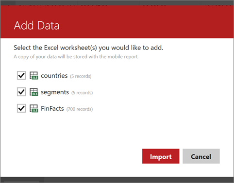 Excel データの追加に使用される画面のスクリーンショット。