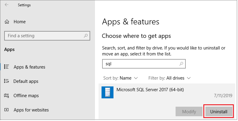 SQL Server のアンインストール方法を示すスクリーンショット。